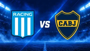 Escudos de Racing y Boca enfrentados con VS en el centro