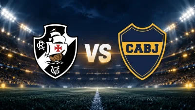 Escudos de Vasco da Gama y Boca Juniors separados por las siglas VS en un estadio iluminado