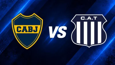 Escudos de Boca Juniors y Talleres de Córdoba con VS sobre un fondo azul.
