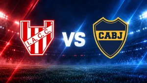 Escudos de Instituto y Boca Juniors enfrentados con la leyenda VS