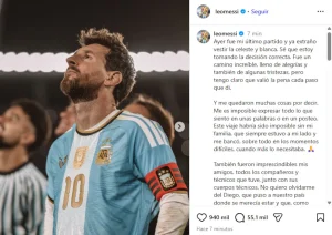 Lionel Messi con la camiseta argentina durante su despedida en el Monumental y la carta que publicó en Instagram