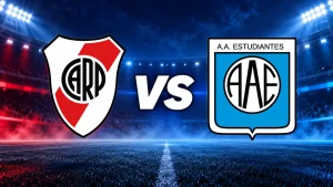 Escudos de River Plate y A.A. Estudiantes frente a frente con VS en el centro