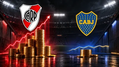 Escudos de River Plate y Boca Juniors junto a gráficos que representan la brecha de inversión del mercado de pases