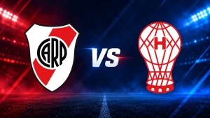 Escudos de River Plate y Huracán enfrentados con la abreviatura VS en el centro