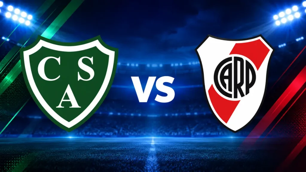 Escudos de Sarmiento y River Plate enfrentados con la palabra VS
